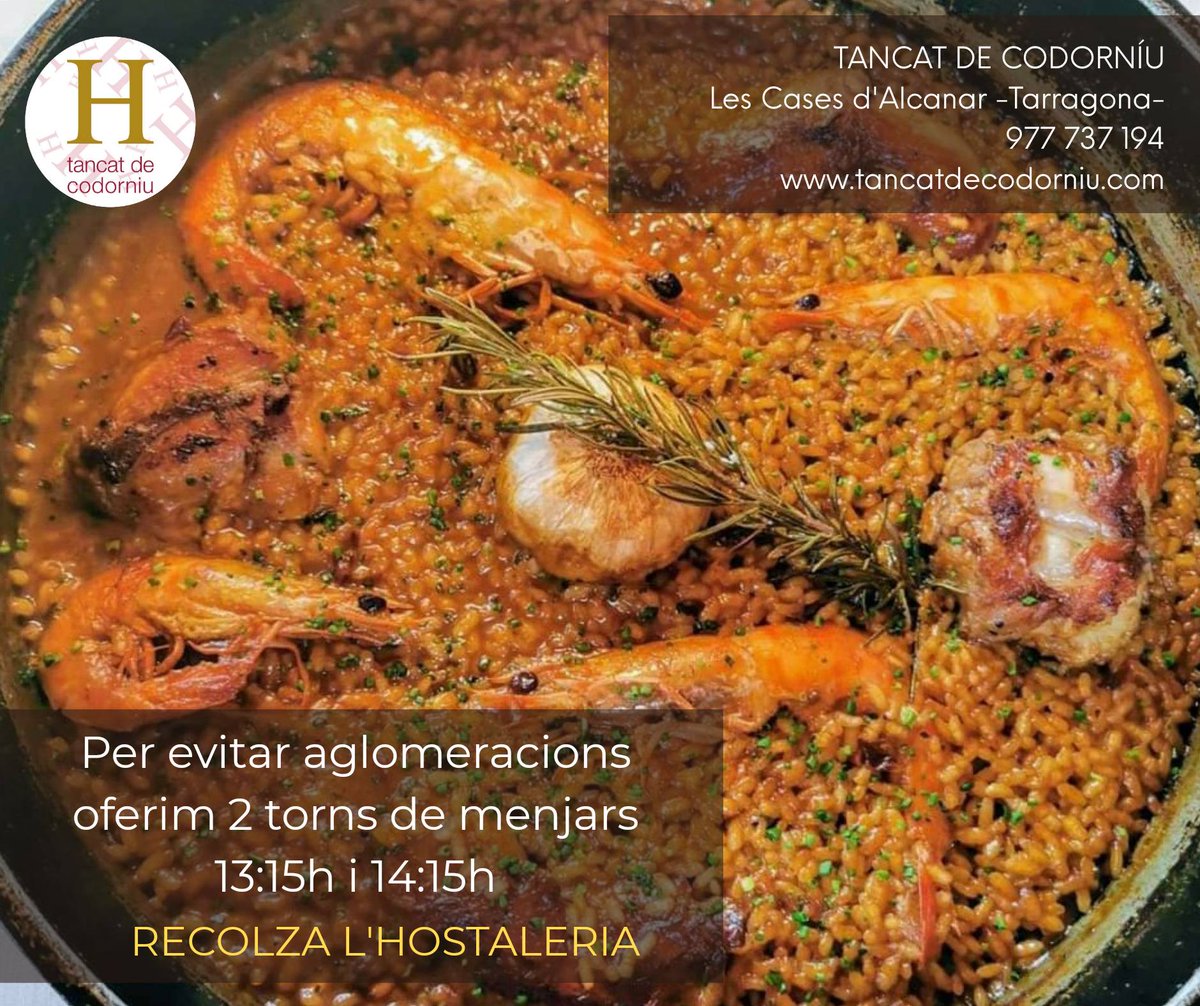 HotelTdeC's tweet photo. Tenim moltes ganes de veure-us.
Veniu al nostre restaurant.
Per evitar aglomeracions oferim 2 torns de menjars 13:15h i 14:15h
Fes la teva reserva. Recolza l'hostaleria.
977 737 194 https://t.co/ymQchqkInJ