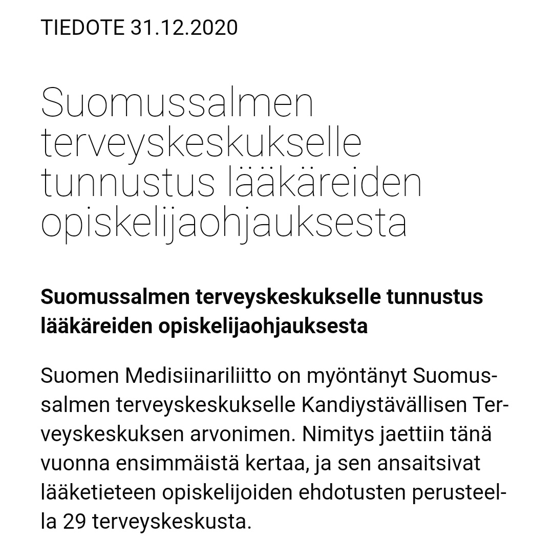 SimoNuuttila's tweet photo. Loistavaa työtä Suomussalmi @Kainuunsote ja onnittelut vielä @Medisiinarit puolesta! 

Kandit ja nuoret lääkärit tarvitsevat hyvää senioritukea ja perehdytystä. Näitä tarjoamalla riittää motivoituneita työntekijöitä, ja #perusterveydenhuolto voi hyvin!

https://t.co/L8GGKOhB9Y https://t.co/8oI0blOc1w