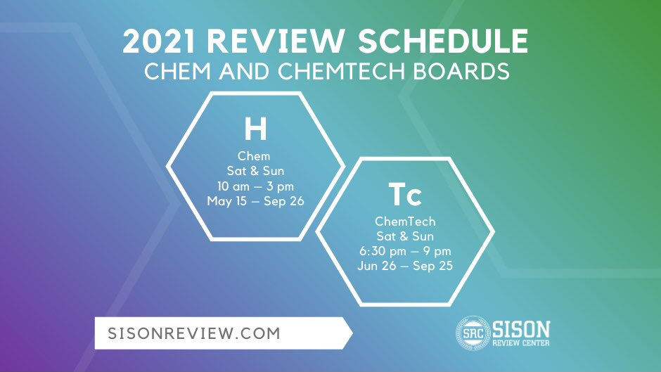 sisonreview's tweet photo. Enrollment for the 2021 CHEMIST AND CHEMICAL TECHNICIAN BOARD EXAM Review Programs is now open! REGISTER ONLINE at https://t.co/1SHu188U2D
#SisonReview https://t.co/F8GTLC0OgT