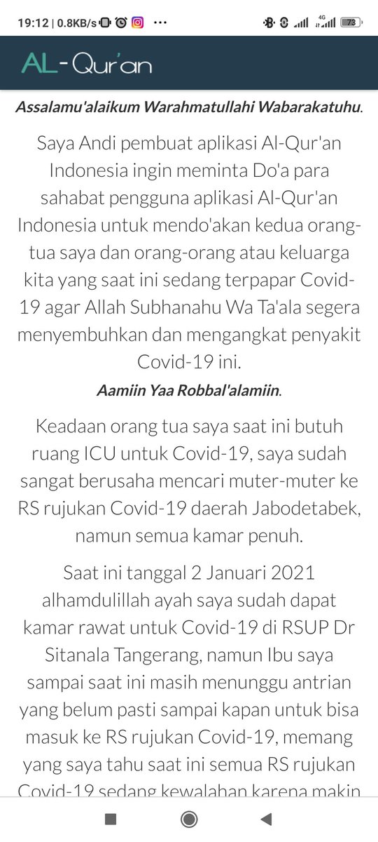 mas_stein's tweet photo. Barusan saya buka aplikasi Al Qur'an Indonesia di android, tiba-tiba ada notifikasi begini. Kedua orang tua pembuat aplikasi tersebut terkena Covid-19 dan kesulitan mencari ruang ICU. https://t.co/Hl5rIhAvT3