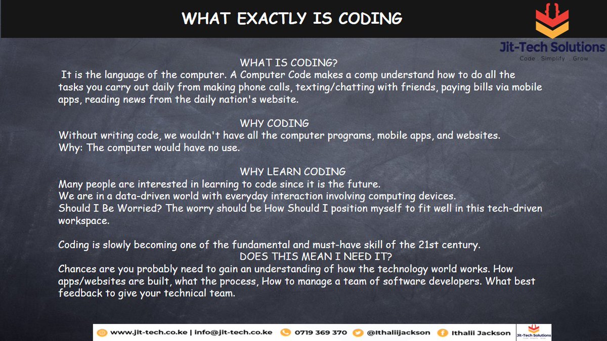 JitTech_learn's tweet photo. WHAT EXACTLY IS CODING.
Due to Public demand. Let me break it down to a more simplified and layman-friendly language. 
#PythonWaMtaa #Coding #CodingSimplified #Python https://t.co/eXyxByl96F