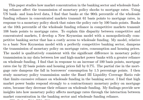 Amina Enkhbold: “Monetary Policy Transmission, Bank Market Power, and Wholesale Funding Reliance” https://amina-enkhbold.github.io/Enkhbold_JMP/Enkhbold_JMP.pdf