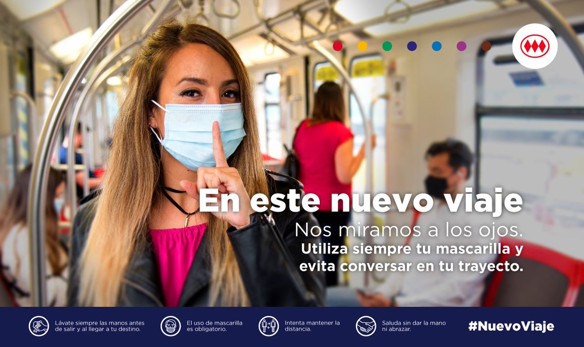 metrodesantiago's tweet photo. En este #NuevoViaje, todos nos cuidamos 😷Si usas tu mascarilla correctamente y evitas hablar🤫 durante tu viaje, disminuyes la posibilidad de contagio. #EntreTodosNosCuidamos. https://t.co/1rB8Eu0oXi