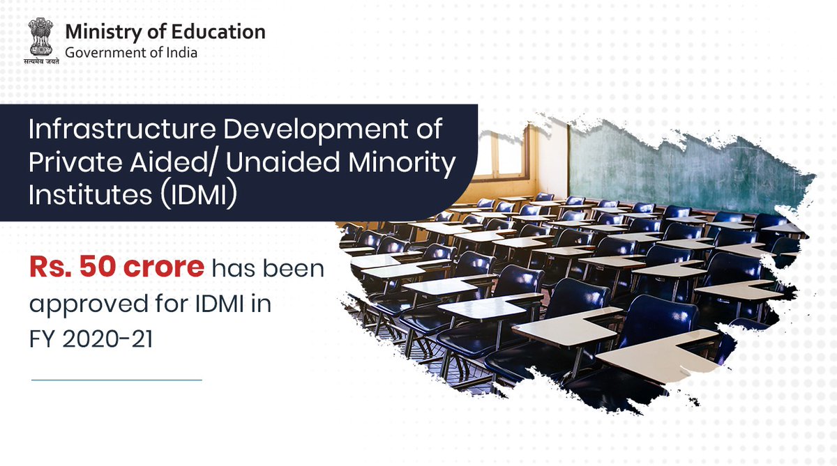 DrRPNishank's tweet image. #IDMI has been operationalized to augment Infrastructure in Private Aided/Unaided Minority Schools/Institutions in order to enhance the quality of #education to minority children.
Happy to report that Rs. 50 crore has been approved for IDMI in FY 2020-21