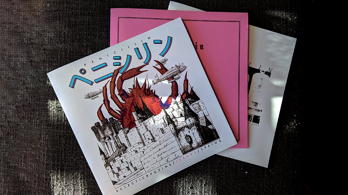 Penicillin (by  @micaholism et al) describes itself as a weird, eclectic RPG zine. And I don't have words to express how much I love it.It's got random tables, it's got Troika! backgrounds, it's got weird dragon game stuff, it's got stuff that might not be games at all.
