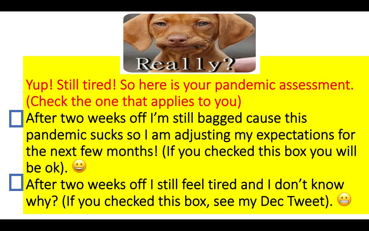 So two weeks didn’t leave you refreshed? That’s the point! If you have given thought to all the losses the pandemic has brought to your life, than still feeling tired makes sense. But there is a profound difference between still being tired and not knowing why! Take it easy!