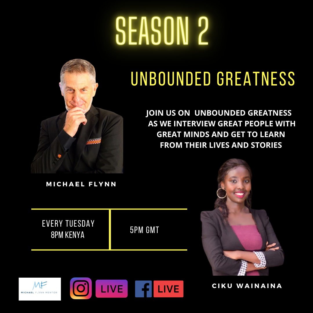 MichaelFlynnKe's tweet photo. UNBOUNDED GREATNESS; join us every Tuesday at 8PM (Nairobi Time). As we interview diligent and passion driven individuals who are inclined towards goal achievement and impacting other people. Do not miss out every Tuesday!!!! https://t.co/WCBbxxTq6M