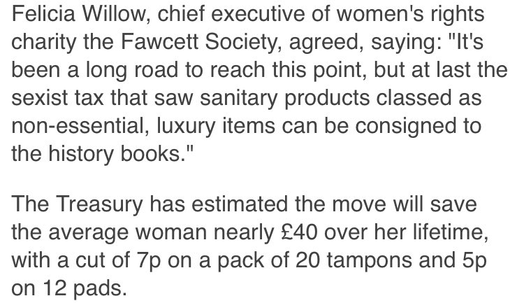 I understand the aesthetic and emotional case (essential not luxury, only paid by one gender, etc.) for abolishing the tampon tax.But the actual financial benefit to women is likely to be less than £40 over their lifetime. (Thread)