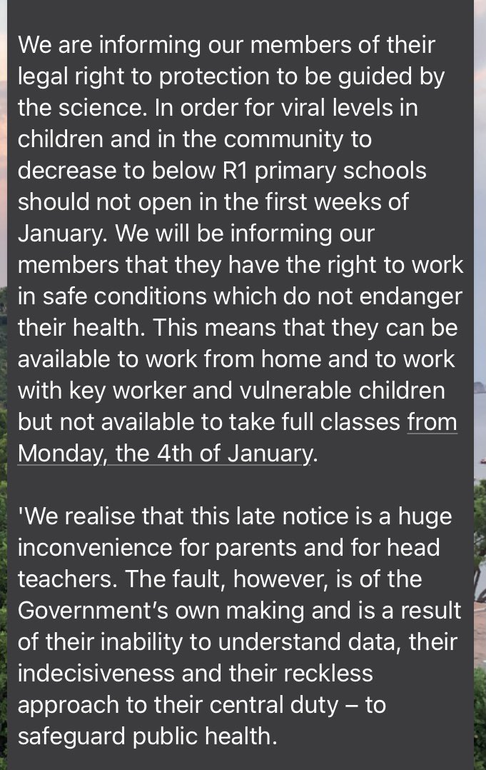 Damning statement from joint general secretary of the NEU Kevin Courtney, confirming the union will advise members to refuse face to face teaching on health and safety grounds, calls Gov reckless and indecisive: