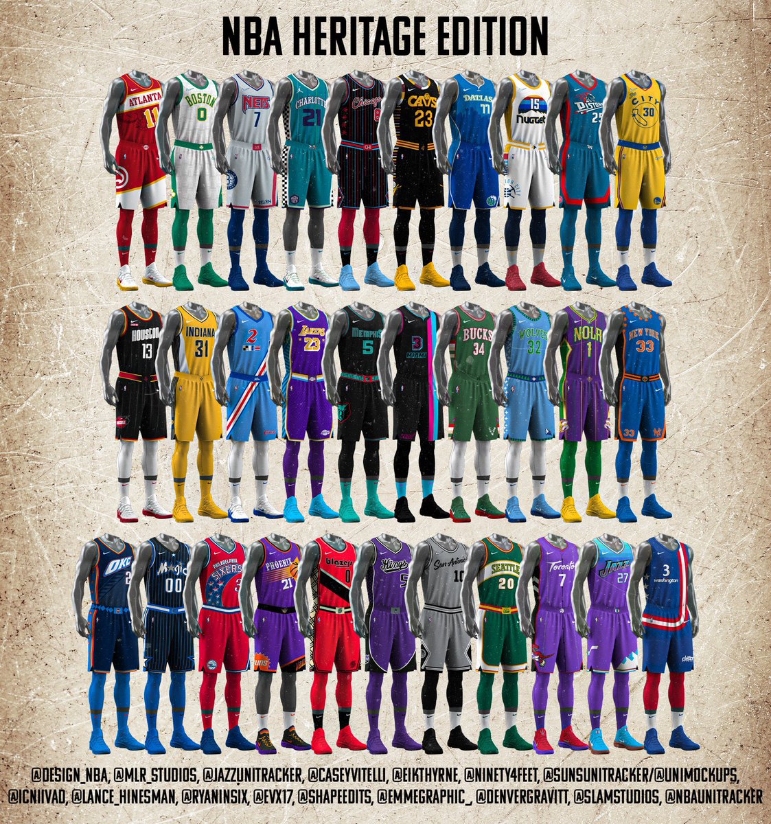 Casey Vitelli on X: To celebrate the 75th anniversary of the #NBA in 2021,  15 designers teamed up to create #NBAHeritageEdition uniforms for 31 teams  (yes, 31). Uniforms represent each franchise's different