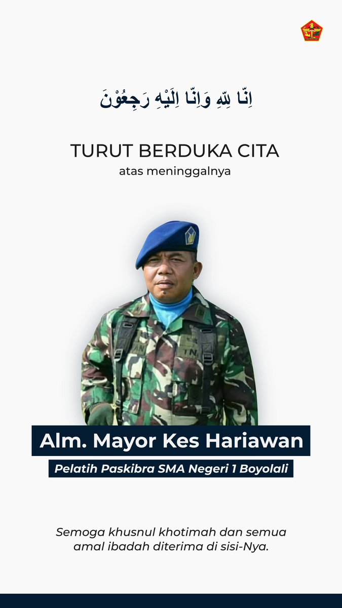 TONPARA_Smansa's tweet photo. Assalamualaikum Kakak/Abang Paskibra Tonpara🙏
Innalillahi wa innailaihi rojiun.
Turut berduka cita atas meninggal nya Mayor Kes Hariawan.
Semoga husnul khotimah dan semua amal ibadah diterima di sisi-Nya. Amin. https://t.co/UCKYsz0xW4