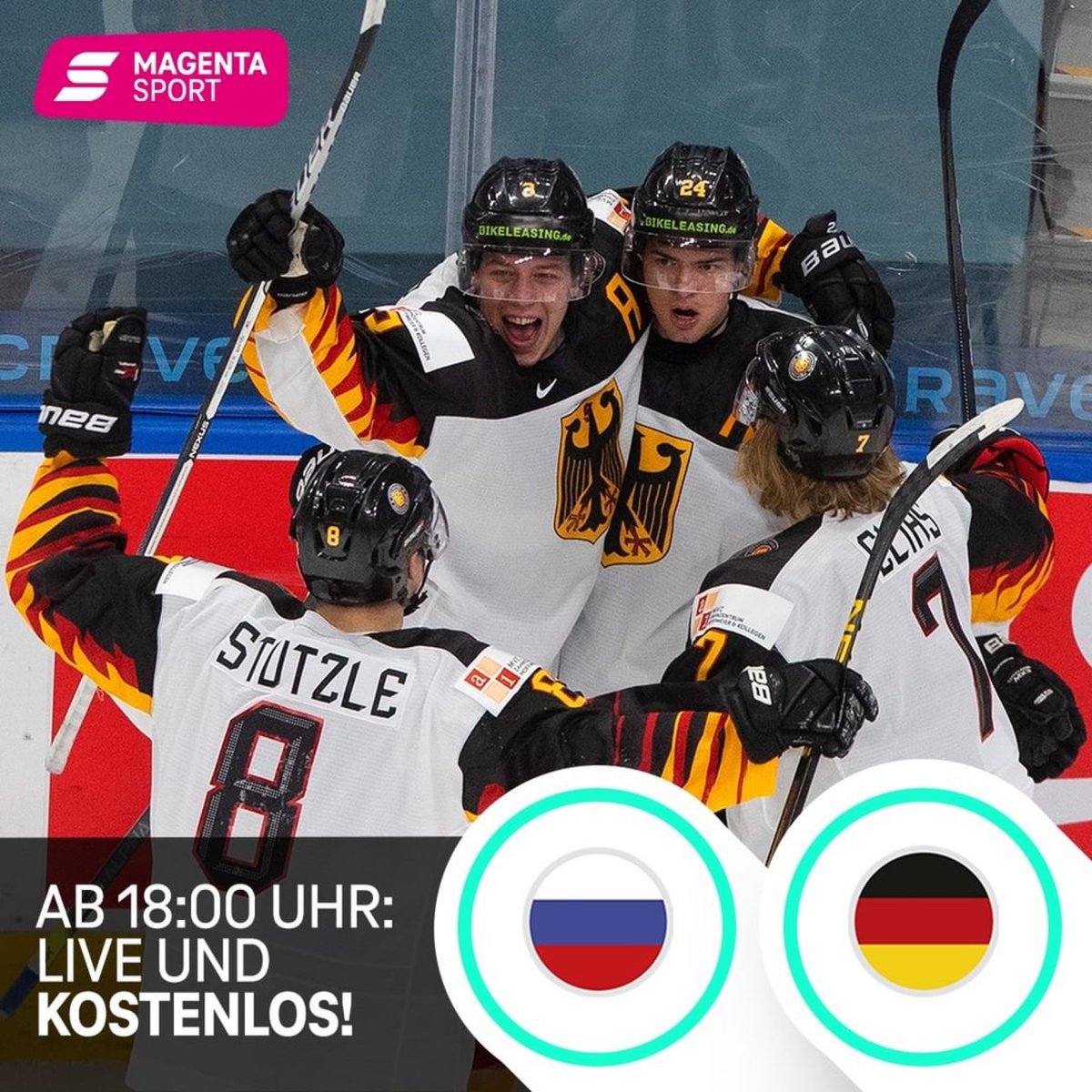 DELoffiziell's tweet photo. Das erste Viertelfinale bei den @IIHFHockey Junior Worlds für die U20-Nationalmannschaft von @deb_teams überhaupt! Deutschland 🇩🇪 trifft auf Russland 🇷🇺 - ab 18:00 Uhr live und 👉 kostenlos für alle 👈 bei #MagentaSport. https://t.co/RZZOoOPfmu