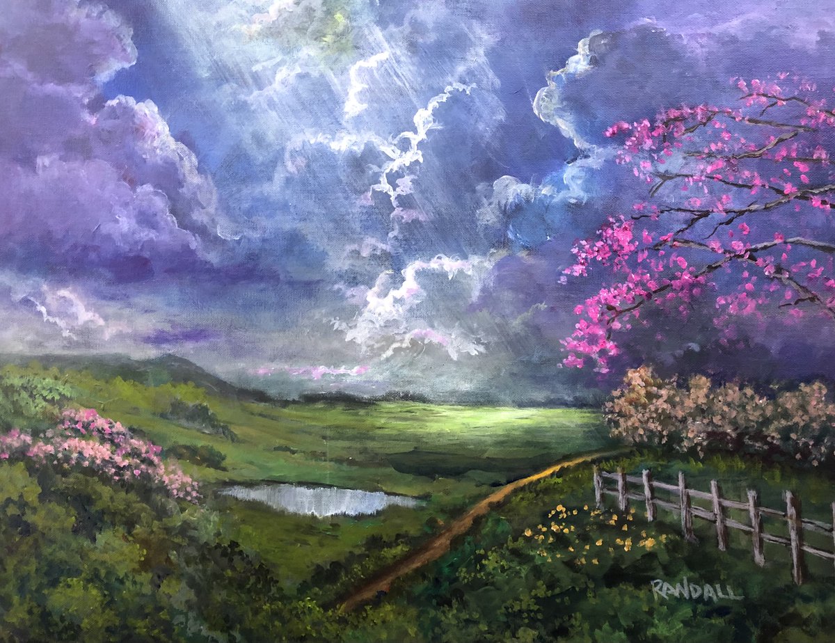 Beyond The Clouds Passing.  20 x 24".  Filling the scene with hope and light, an ethereal glow shares a distant point in the landscape. Drawn to us it is, as hope draws to the eternal spirit.