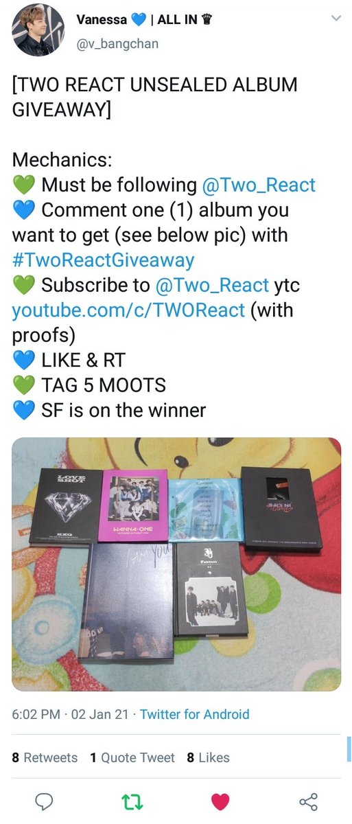seungneul's tweet photo. @v_bangchan @Two_React LOVE SHOT - EXO
#TwoReactGiveaway

@seungieverse @CHRISLINOER @halcyonhoppy @nuttyhann @flwrylino (sorry for the tags ✌🏼) https://t.co/d7JXnOGqY3