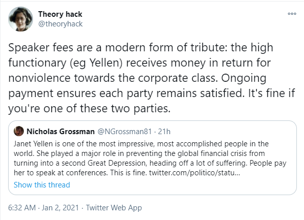 Confused about attacks on Yellen's speeches? It's mostly left-wing opposition to capitalism, not Yellen's abilities or policies per se.If you think the job of Treasury Sec is "violence towards the corporate class" and the Secretary should refuse to talk to CEOs, she's not that.