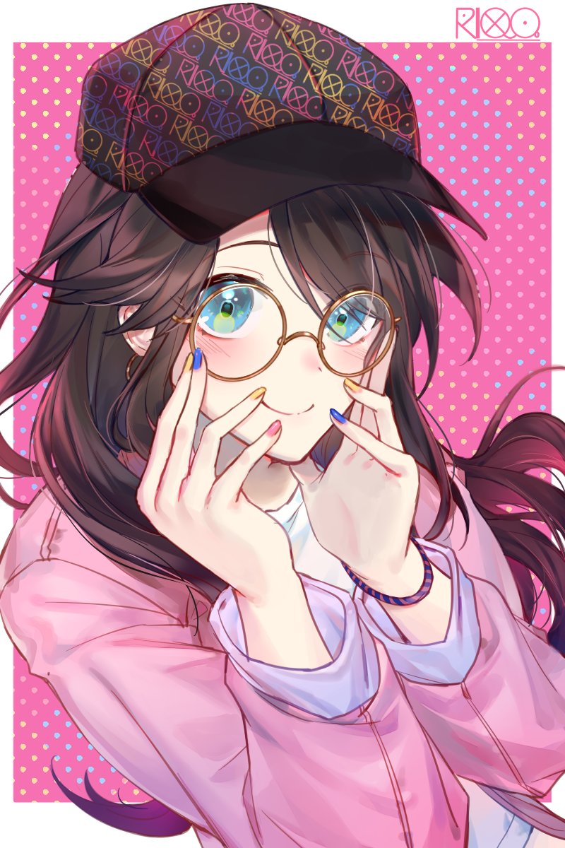 1girl solo glasses hat round eyewear long hair smile  illustration images