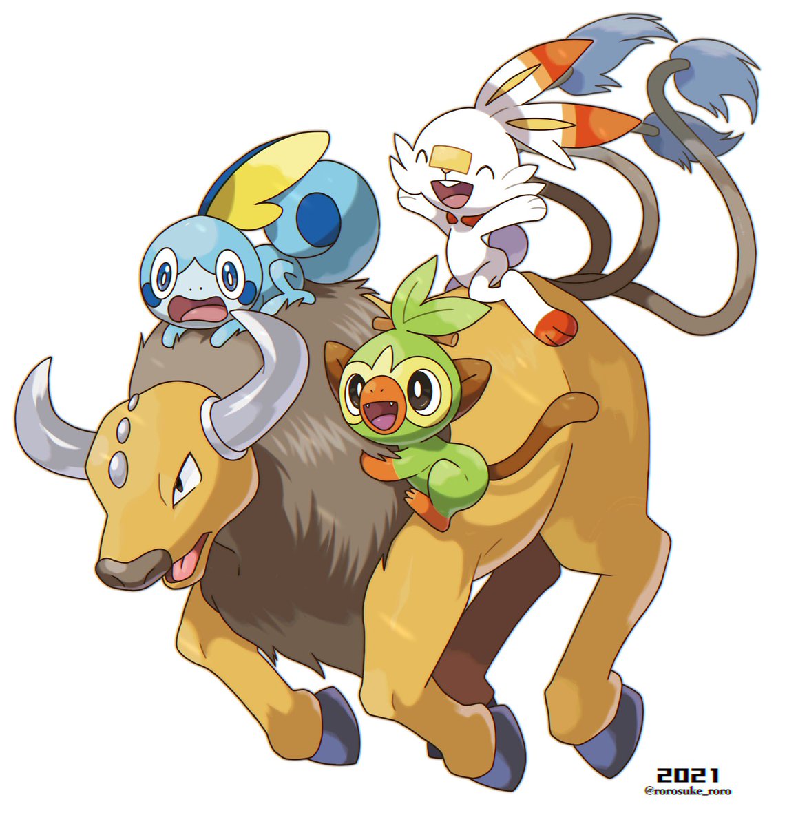 grookey ,scorbunny ,sobble pokemon (creature) open mouth tongue riding starter pokemon trio no humans smile  illustration images