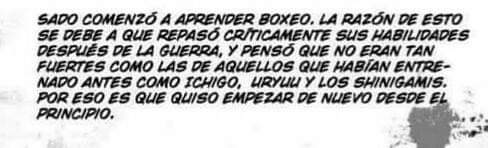 "Sado began to learn boxing. The reason for this is because he critically reviewed his skills after the war and thought they were not as strong as those of those who had trained before like Ichigo, Uryuu and the shinigamis, so he wanted to start over from the beginning"