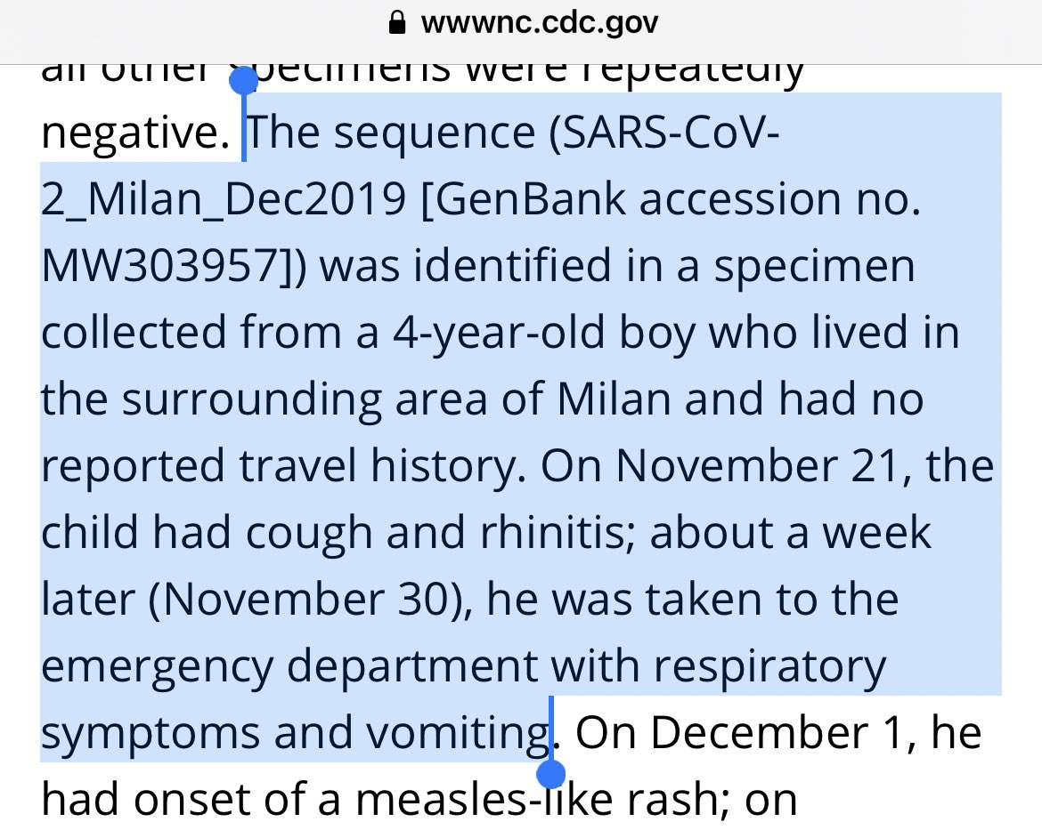 Huge—the  #SARSCoV2 coronavirus was identified in a 4 year old in Milan  in November 2019, and had *no travel history*. They retested it again and again to make sure. This moves back the date of first  case by ~3 months, and corroborates wastewater positive tests too.  #COVID19  https://twitter.com/alinouriphd/status/1337042770591092741
