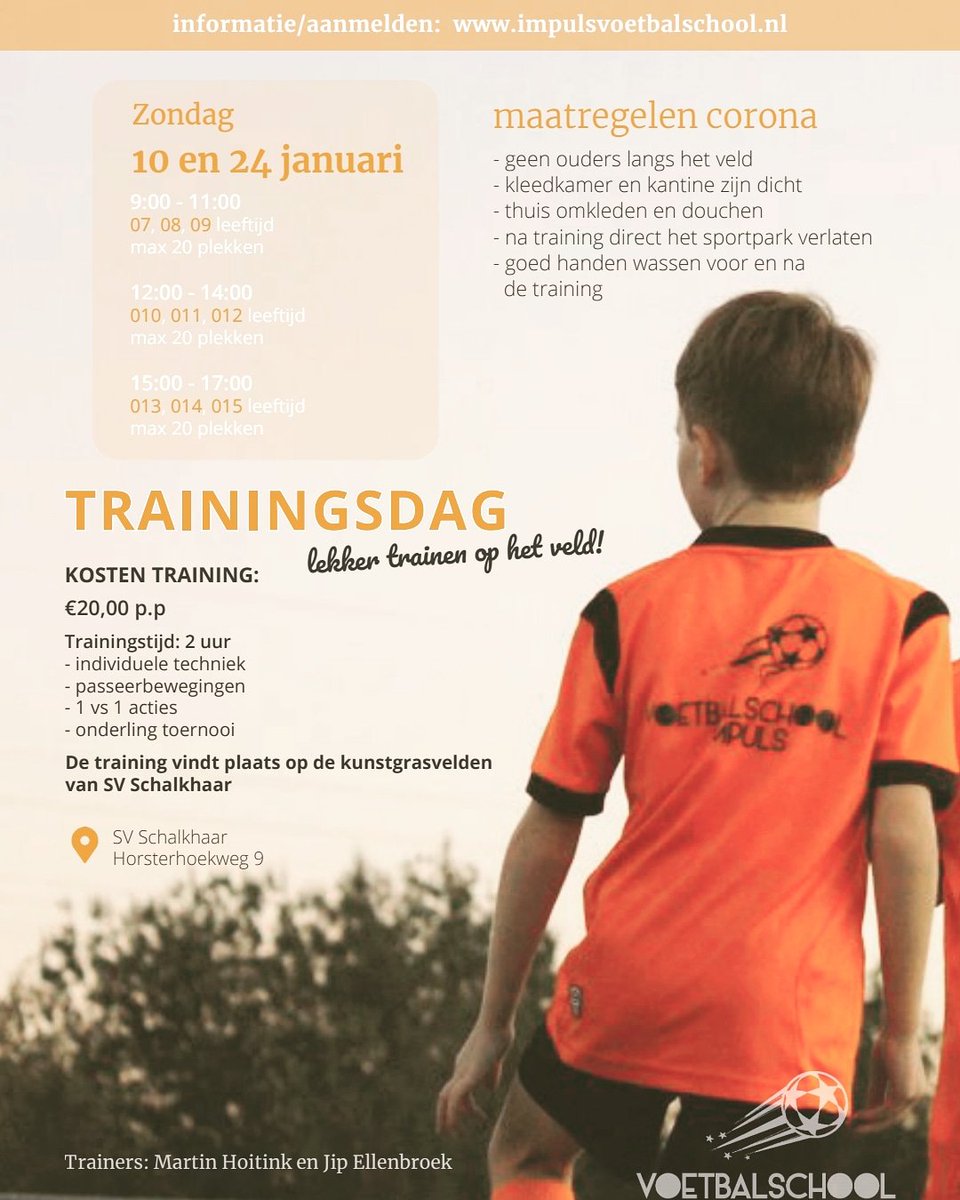 voetbalimpuls's tweet photo. In 2021 gaan we gewoon door met organiseren van activiteiten. Wil je lekker blijven doortrainen op de zondagen?

Geef je dan op voor de zondagen 10 en 24 januari 2021, trainen per leeftijdscategorie en dat 2 uur lang!

Meer informatie via website: https://t.co/2d6Oc94kN0 https://t.co/92DDtYl0Pl