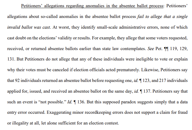 Georgia: the Trump campaign sued in state court a *month* after the election, and botched their filing. They did not allege a single unlawfully cast vote, much less voter fraud./4