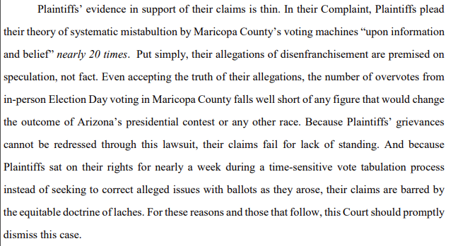Arizona: three weeks after the election, the Trump campaign sued over Sharpie pens potentially causing overvotes. They had no evidence of anything, much less of voter fraud./5