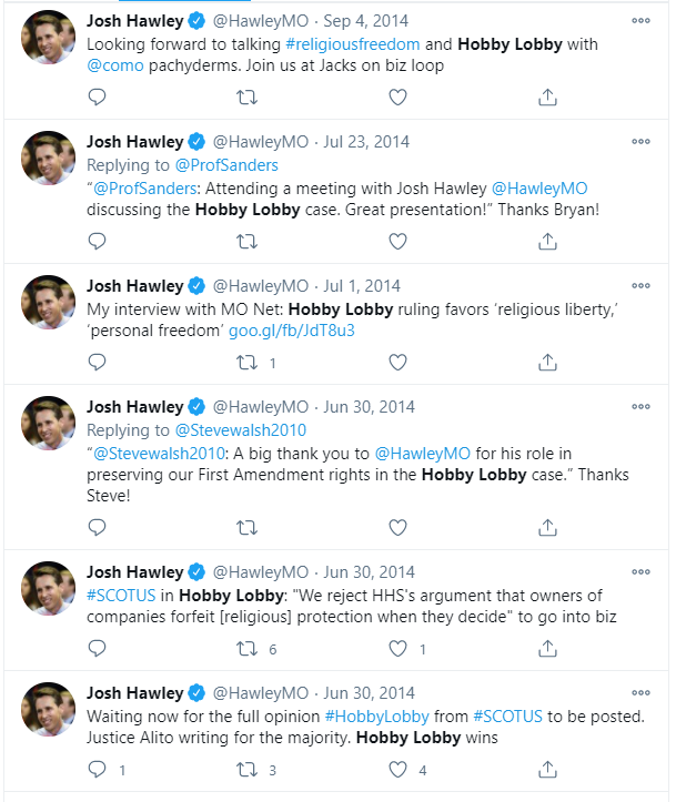 In particular, he discussed his involvement in the Hobby Lobby case. Depending on which speaking event you were at, you'd think Josh Hawley argued the Hobby Lobby case before the Supreme Court.He made Missourians think he was *the* "Hobby Lobby" lawyer. 15/