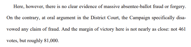 Pennsylvania: the Trump campaign filed suit in federal court, presented evidence to a federal district court, and got an expedited appeal. The court asked them about voter fraud. Trump's campaign said "this is not a fraud case."/2