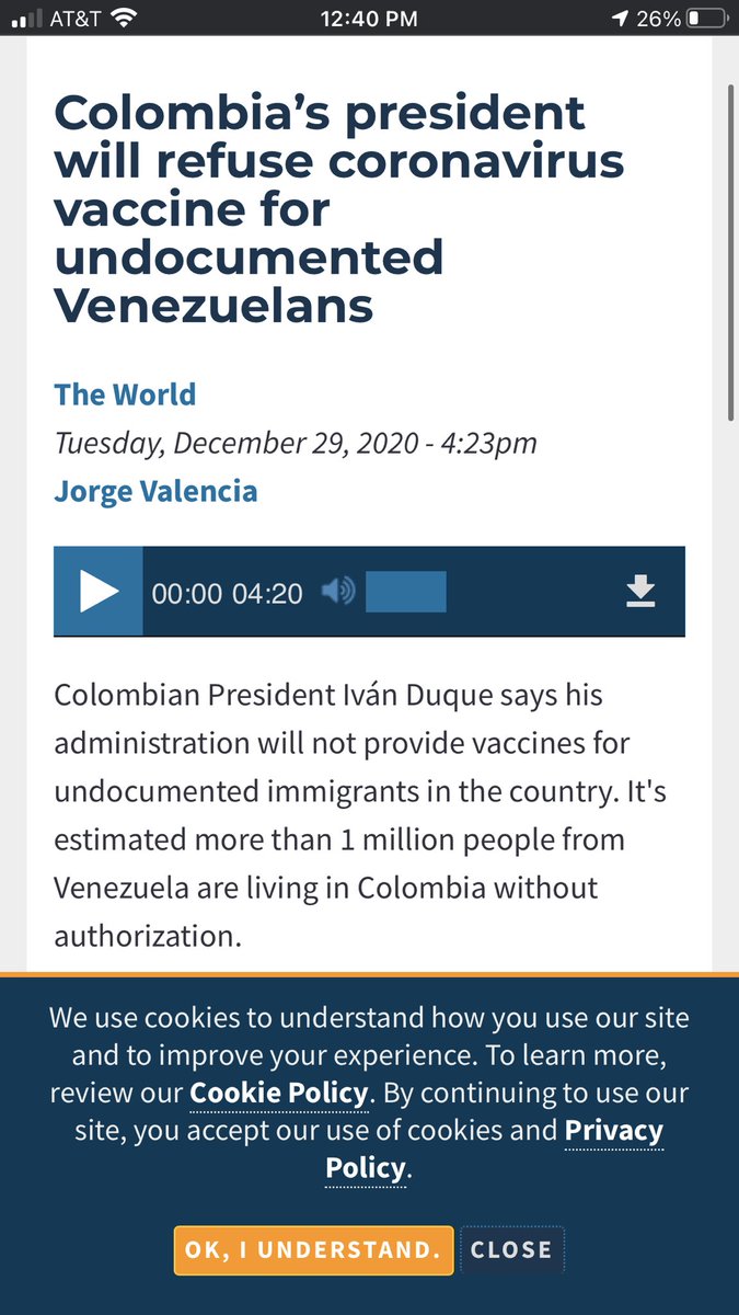 Columbia is not vaccinating undocumented Venezuelans living in Columbia. Link:  https://www.pri.org/file/2020-12-29/colombia-s-president-will-refuse-coronavirus-vaccine-undocumented-venezuelans