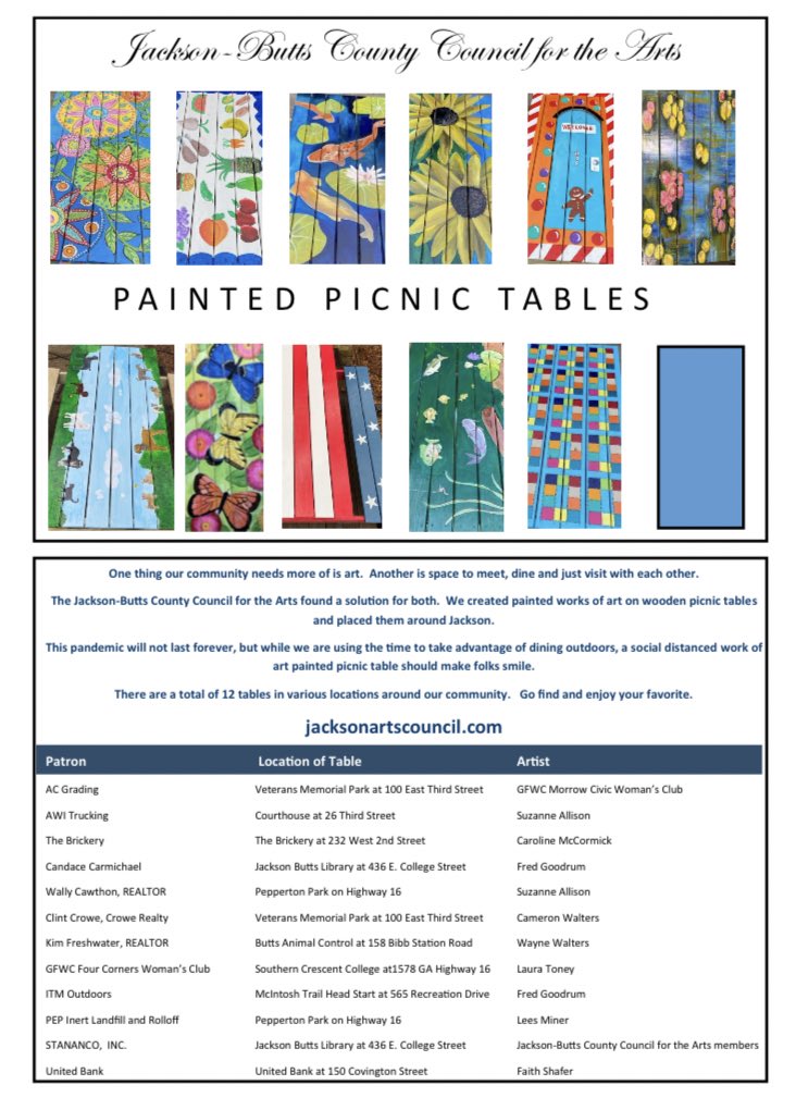 JMichaelBrewer's tweet photo. We are really excited to be a part of the latest project of the Jackson-Butts County Council for the Arts! Soon our historic @1898Courthouse will play home to one of these unique picnic table artworks painted by local artists and distributed all over town! #Art #ArtistOnTwitter https://t.co/KM0HAHlvHR