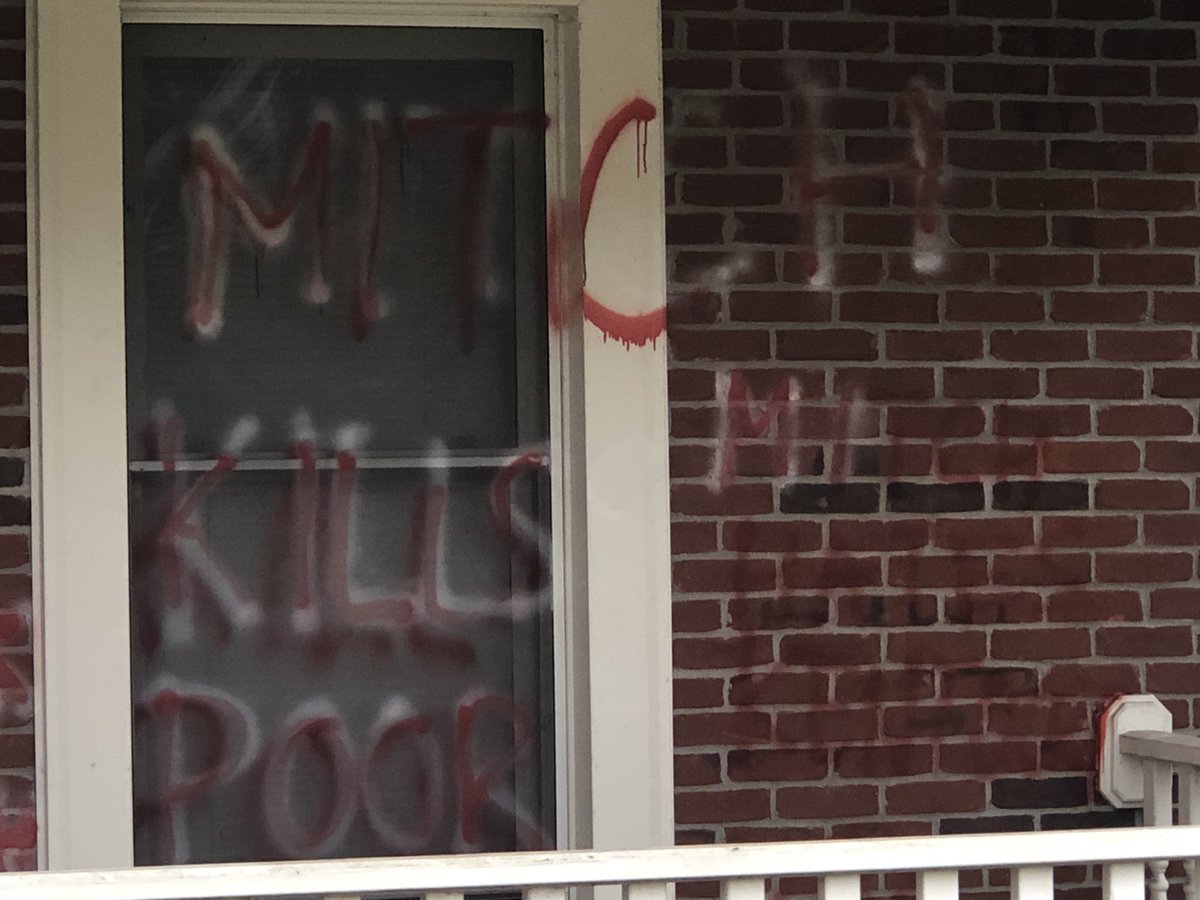 GraceHayba's tweet photo. NEW THIS MORNING: The home of ⁦@senatemajldr⁩ was vandalized. Messages in red and white spray paint are covering the front porch area. The rest of the home appears to be untouched. ⁦⁦@WDRBNews⁩ https://t.co/pBa1Kq8kqe