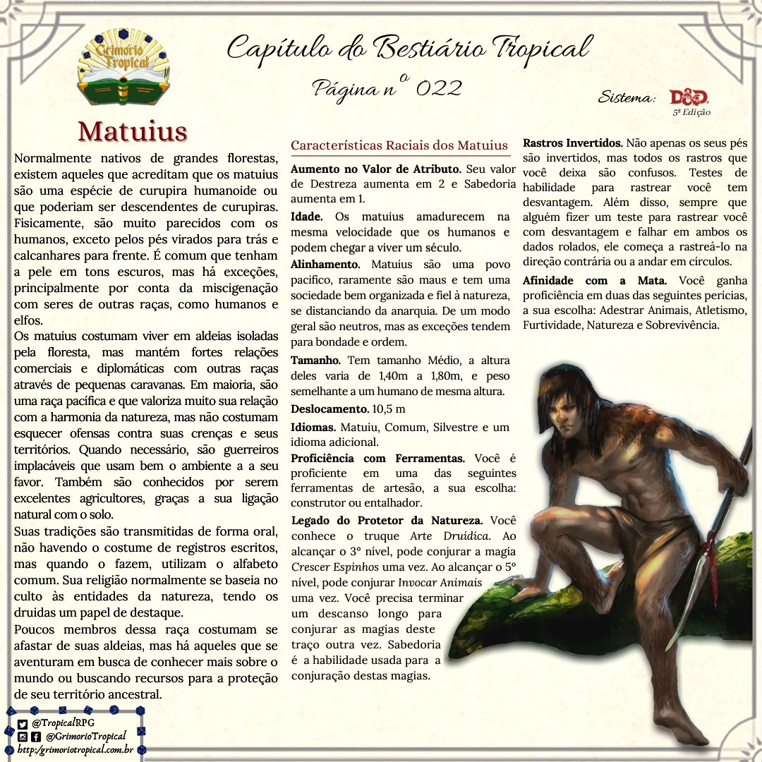 TropicalRPG's tweet photo. Ficha Tropical 022 - Matuiu
Ficha com melhor definição: https://t.co/wLHeP7neq9
Sistema: D&D 5ª edição
Imagem: Sula Moon, para o livro "A Bandeira do Elefante e da Arara".
Fontes de pesquisa no link acima.
#bestiariotropical #dnd5e #LendasdaAmazonia #Matuiu #rpgdemesa https://t.co/E9Xg9MZWPy