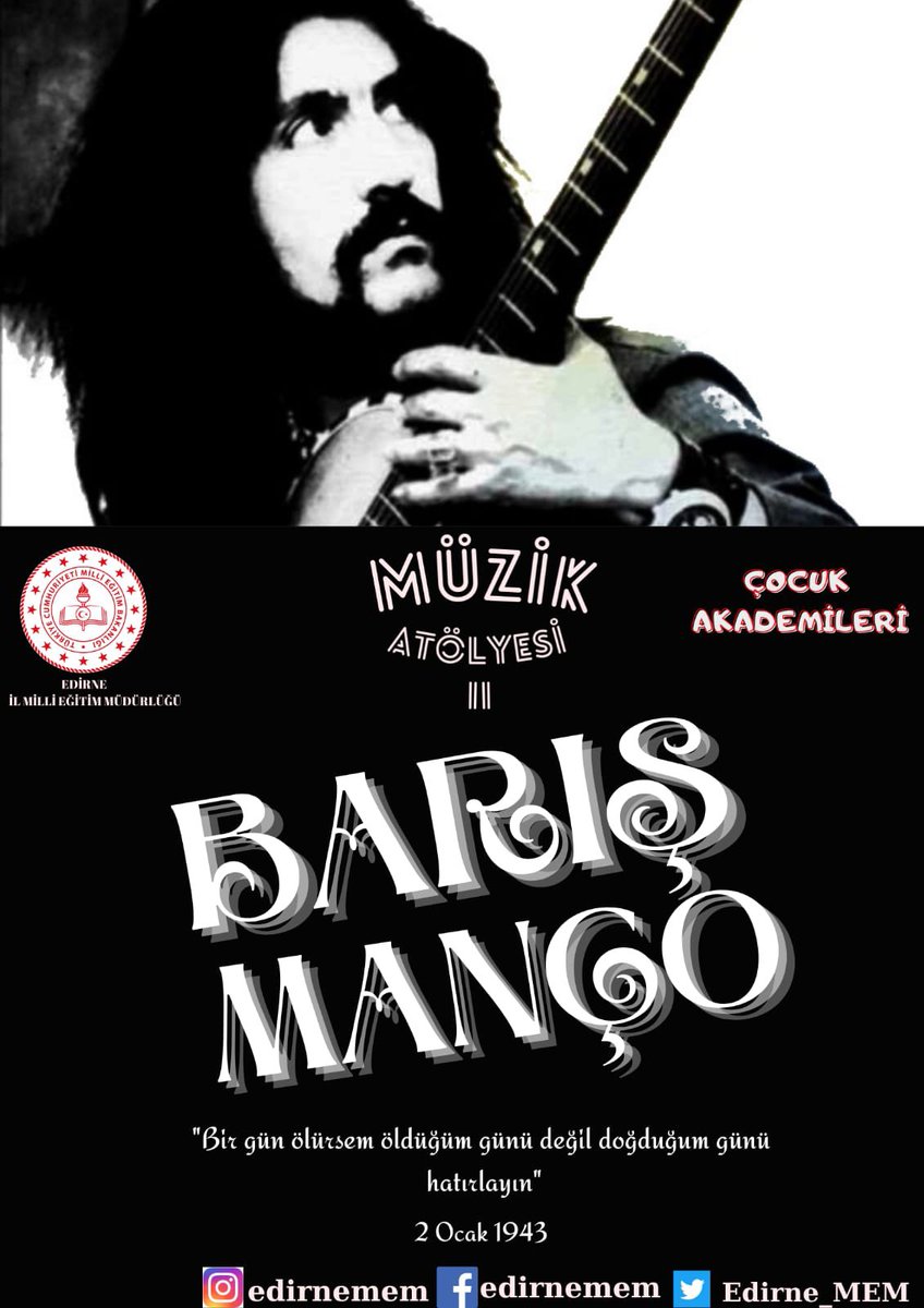 Müziğiyle, tavrı ve tarzıyla 7’den 70’e Türk Milletinin gönlünde taht kuran  #BarışManço ‘yu doğum gününde saygı ve özlemle anıyoruz. 

<a href="/tcmeb/">Millî Eğitim Bakanlığı</a> <a href="/edirne_valiligi/">Edirne Valiliği</a> <a href="/Dr_Onderarpaci/">Dr. Önder ARPACI</a>