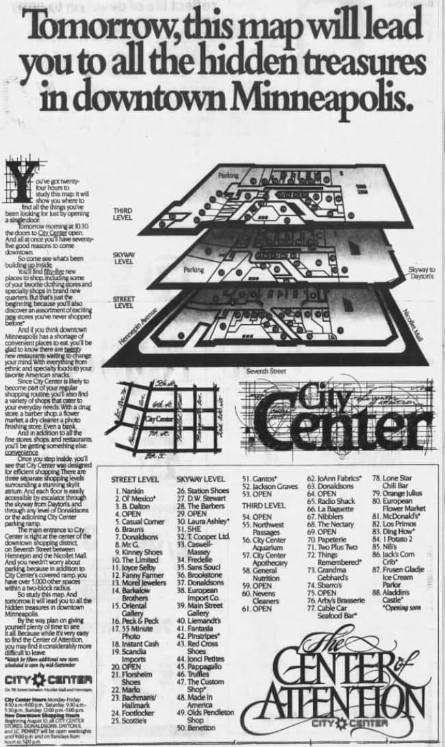 CrimeWatchMpls's tweet image. Oh boy, came across this flash in time. We need a graphics person who can create a current-day "companion guide" map of all the "hidden treasures" that can currently be found in #DowntownMpls.

.
.
