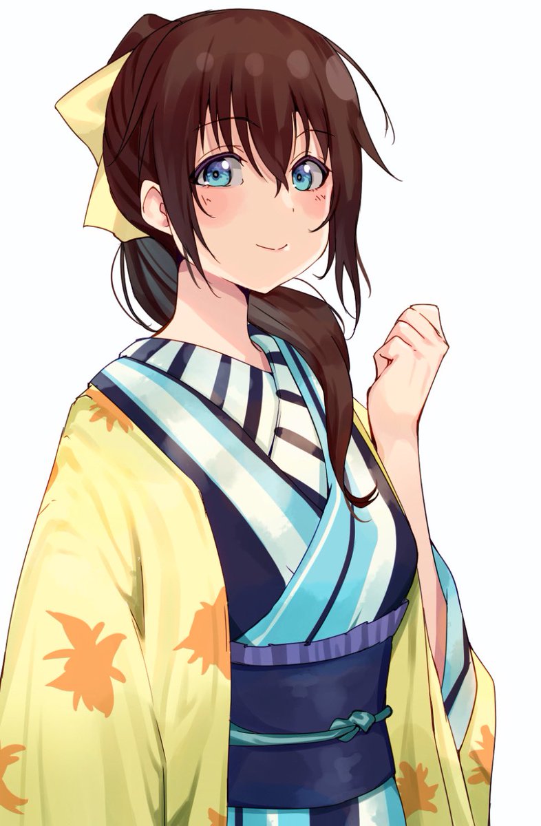 ousaka shizuku 1girl solo japanese clothes kimono brown hair blue eyes ponytail  illustration images