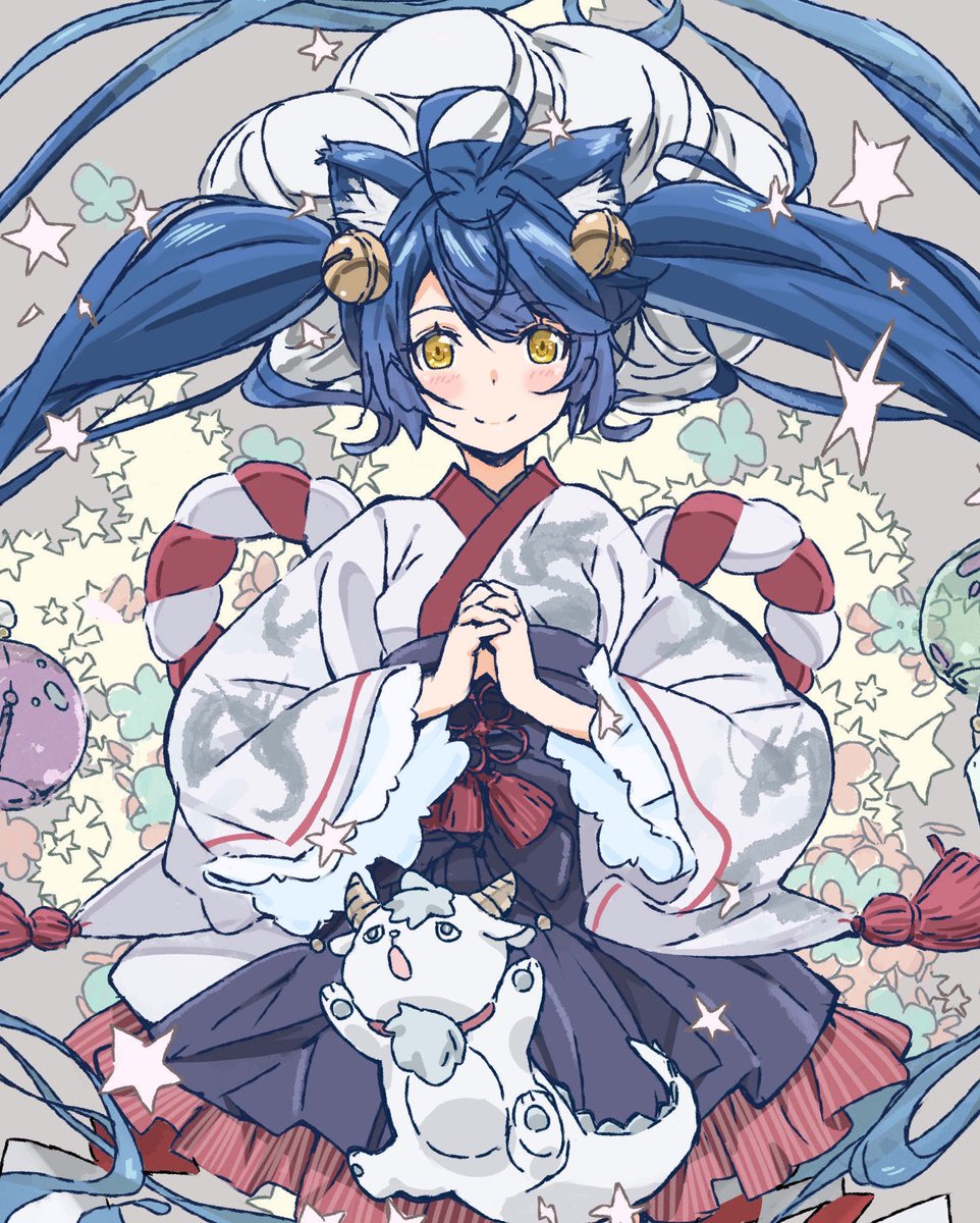 1girl yellow eyes bell blue hair solo long hair twintails  illustration images