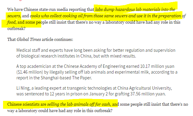 18. Whether Experimental lab mice were sold by WIV or other lab employees OR a lab researcher got bitten by one, we cannot know for sure as yet https://www.nationalreview.com/corner/nothing-to-see-here-just-labs-in-china-being-sloppy-with-biological-disposal/and https://twitter.com/OscarDev3/status/1345379856796803072and https://www.laboratoryequipment.com/567317-Near-Misses-at-UNC-s-BSL-3-Lab-Illustrate-Risk-of-Accidents-With-Coronaviruses/and https://www.globaltimes.cn/content/1179747.shtml