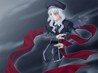 The confident and serious exorcist girl ,outside the church ,wearing stockings over pantyhose without a skirt to increase her mobility and seduce men by using the Shroud of Magdalene to bind them.She grew up as an independant girl,always completing her duty.