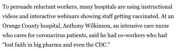 Sounds awfully like those statements from Democratic politicians, doesn't it?  https://www.latimes.com/california/story/2020-12-31/healthcare-workers-refuse-covid-19-vaccine-access