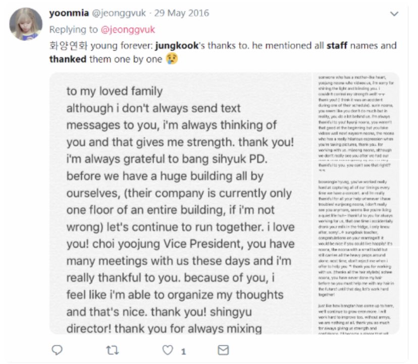 in the Young Forever letter, he mentioned each staff member by name and wrote a thank you to all staff members one by one