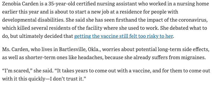 Here's what some MEDICAL PROFESSIONALS encountering COVID in their work and personal lives are saying regarding their refusal to get the vaccine:  https://www.wsj.com/articles/nursing-homes-grapple-with-staff-hesitant-to-get-the-covid-19-vaccine-11608477474?mod=e2tw