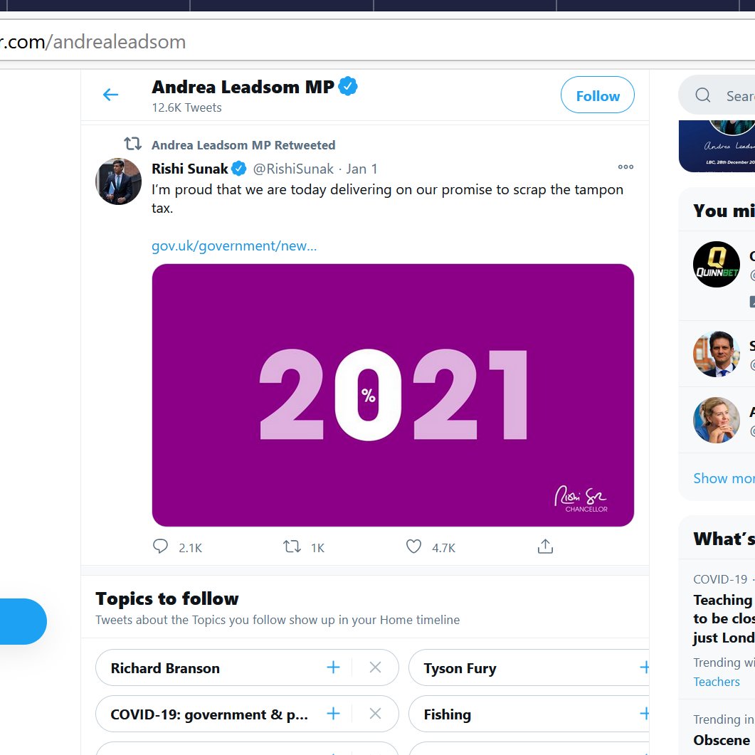 Andrea Leadsom, Conservative MP for South Northamptonshire retweeted a tampon tax tweet from yesterday. She's forgotten 2015 when she voted against a motion to abolish the unfair tax.