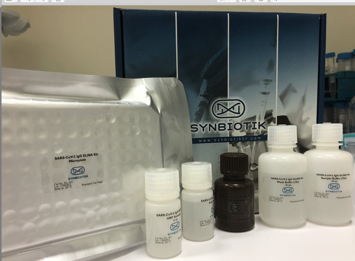 Aşı etkinliğini takip etmek için ve COVID-19 hasta plazmalarında nötralizan antikor taramak için, N protein antikor miktar analizi için, S-RBD protein antikor miktar analizi için ana bileşenleri rekombinant ürettiğimiz ELISA kitlerimiz, satış ve bilgi için info@synbiotiktr.com