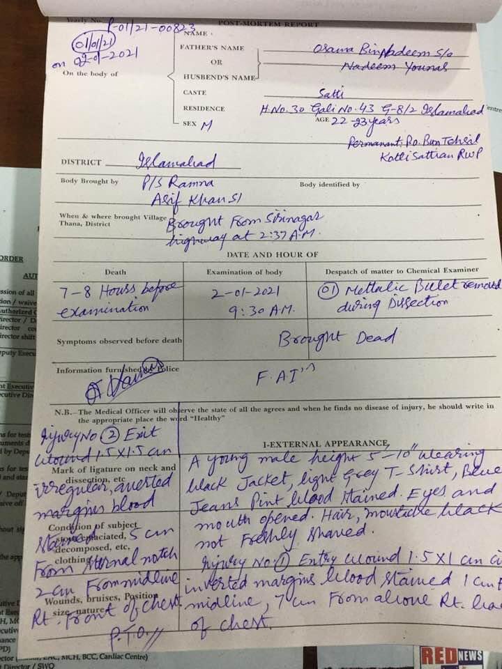 AsadAToor's tweet image. #BREAKING: postmortem report of Usama is evidence of #Islamabad police brutality, bullet holes showing how they killed a 22 years old student in alleged fake encounter. 1/2
#JusticeForUsamaNadeemSatti #IslamabadPolice