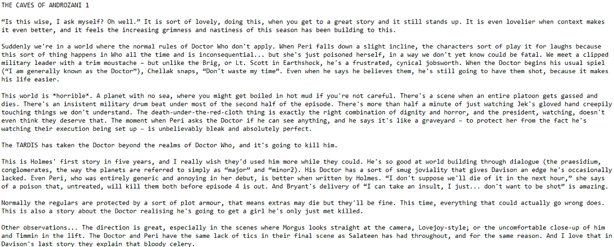 Okay, I've been taking notes on all this, because a) I'm probably never going to do this again, b) it forces me to pay attention, and c) they spark chat on a nerd mailing list I'm on. This is tragic, yes. But for once I'm going to share them because I love this episode so much