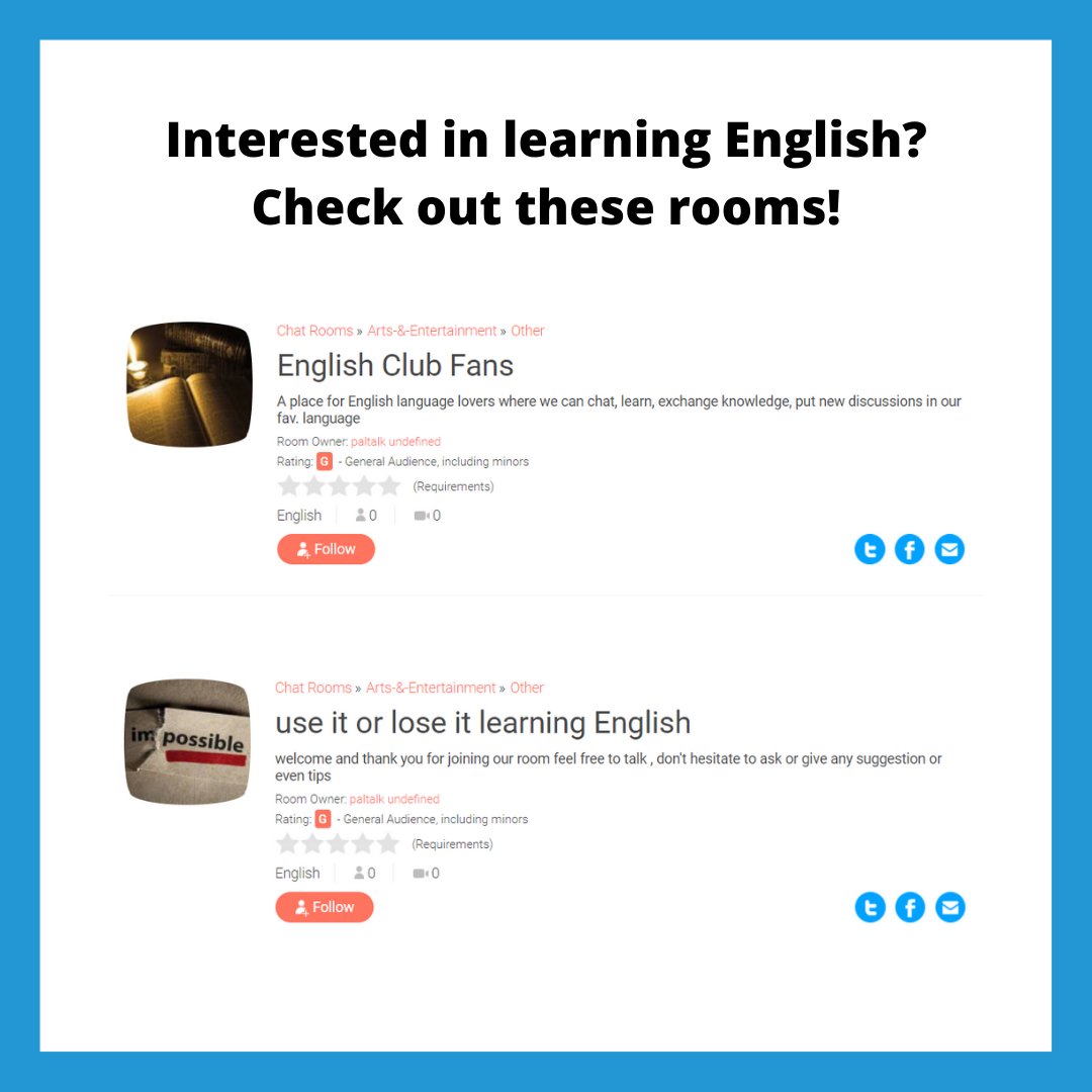 paltalk's tweet image. Interested in learning English in 2021?

If so, we’ve got the rooms for you!
 
#Paltalk #LearnNewLanguage #EnglishLearning #ChatRooms #App