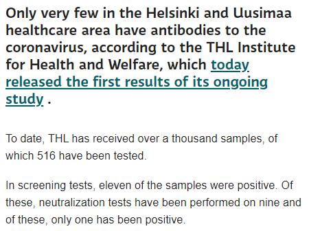 Immunity.Sweden: Didn't prepare for winter because trusted in immunity. Very focused on antibody tests. People testing for antibodies. Their friends: - Hope you have them!Finland: No antibody tests. A study in spring in the epicentre found one with neutralising antibodies.