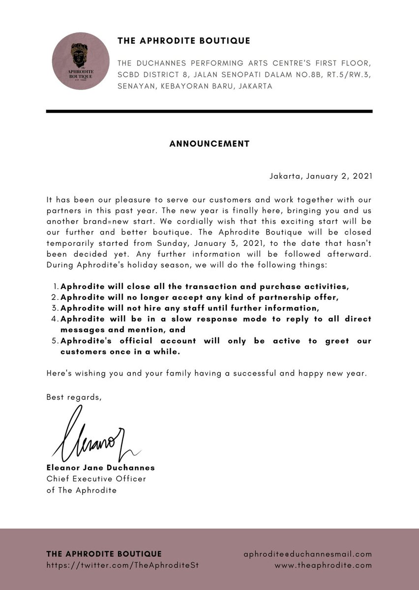 TheAphroditeSt's tweet photo. ㅤㅤ
Aphrodite also would like to thank our awesome A-Team who has given an excellent work throughout the year for Aphrodite Boutique. As our gratefulness, we would like to give A-Team a holiday as a reward.

We officially announce that Aphrodite will be temporarily closed. 
ㅤ https://t.co/5zDs5PhKBU