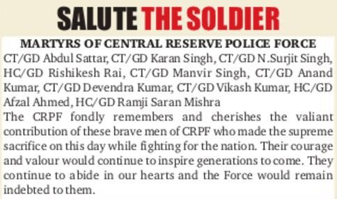  #ObituaryOfTheDayMartyrs of CRPF - 02 Jan