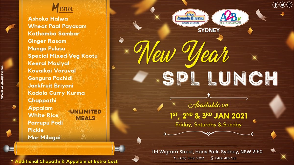 AdyarSydney's tweet photo. Enjoy New Year Spl Lunch Available on Friday, Saturday &amp; Sunday @A2bsydney

Call Us-02 9633 2727 / 02 9633 2767

Online Order : https://t.co/7XKbjVLW0B
Uber Eats : https://t.co/0IeKgiIka9

Visit Us : https://t.co/ludIbEDknk
Like us: Facebook: https://t.co/FGZNJygo8N https://t.co/VWVZ3qhQBw